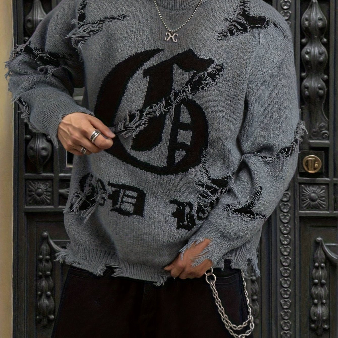 Unisex distressed-pullover med rund hals og tekstprint