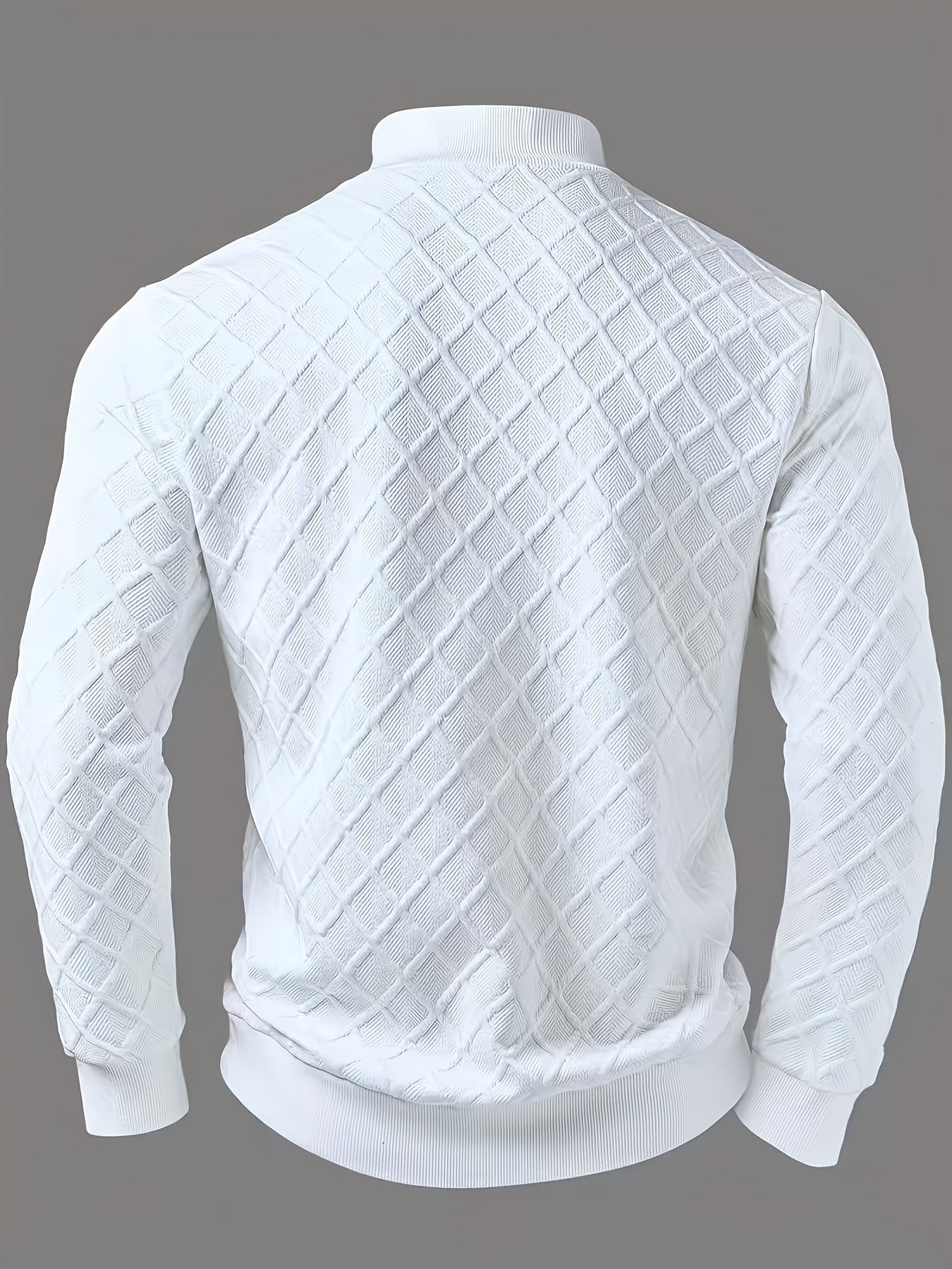Herren Halb-Reißverschluss Pullover Weiß mit Rautenmuster, Langarm, Stehkragen