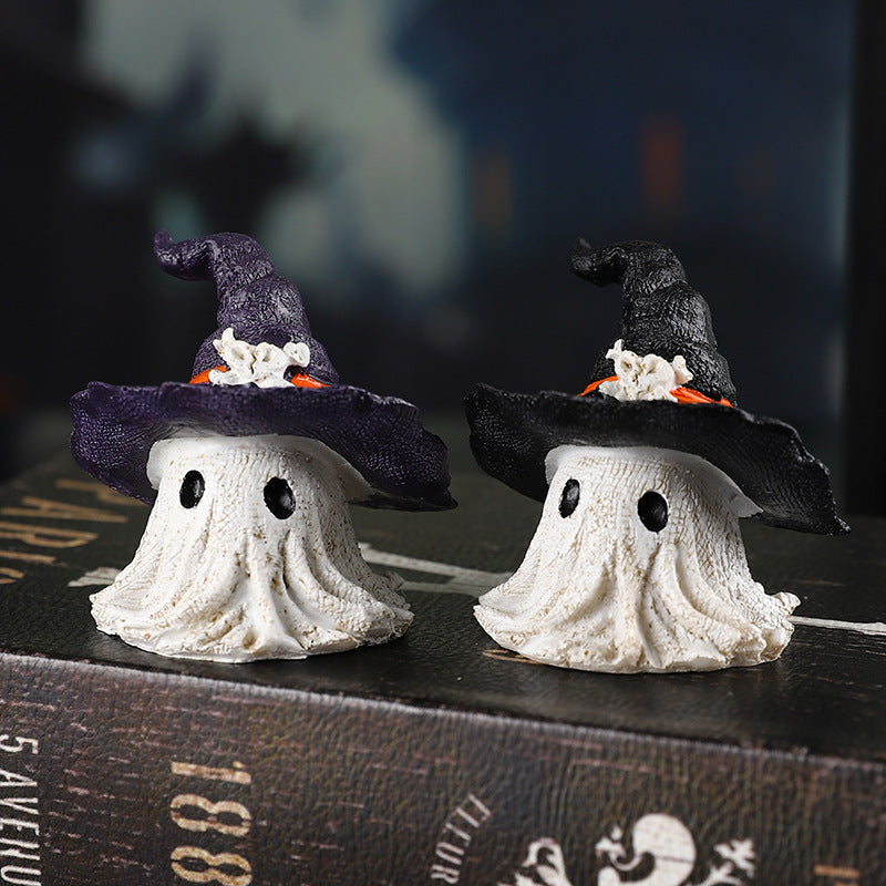 Figura Decorativa Fantasma con Cappello da Strega per Halloween – Incantevole Figura in Resina per Atmosfera Spaventosa di Halloween