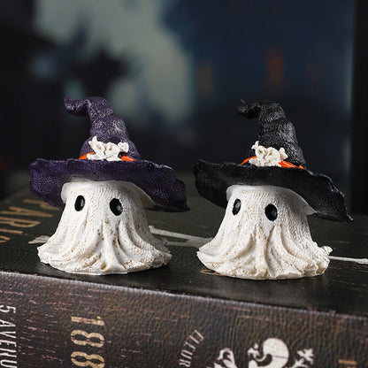 Figura Decorativa Fantasma con Cappello da Strega per Halloween – Incantevole Figura in Resina per Atmosfera Spaventosa di Halloween