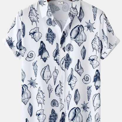 Chemise de villégiature à manches courtes pour homme avec imprimé coquillages – Look estival maritime pour la plage et les loisirs