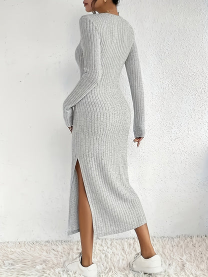 Abito midi da donna in maglia a coste, a maniche lunghe e aderente