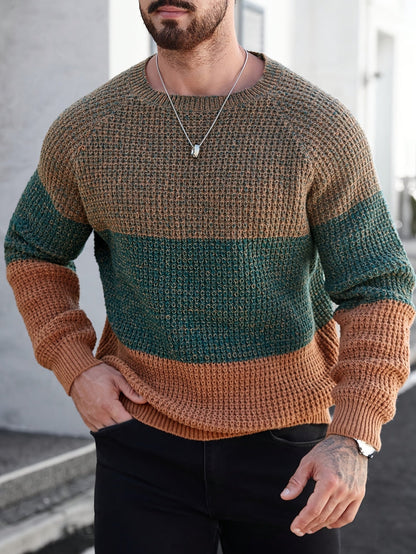 Herren Strickpullover Rundhals Mehrfarbig Gestreift Strukturstrick