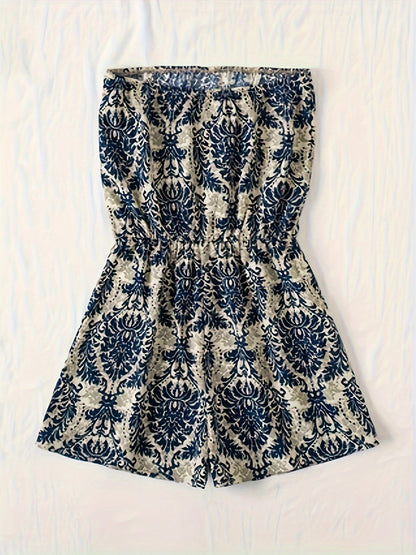 Damen Bandeau Jumpsuit mit elegantem Damastmuster – Stilvoller Einteiler für Sommer & Freizeit
