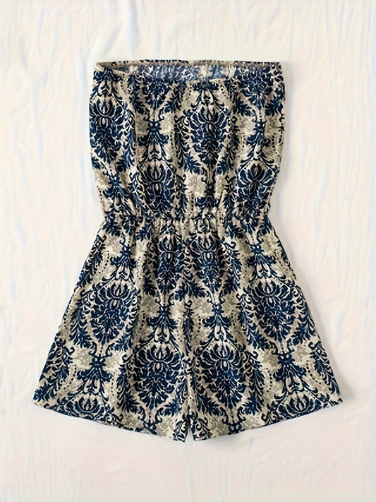 Mono bandeau de mujer con elegante patrón de damasco – Prenda de una pieza estilosa para verano y tiempo libre