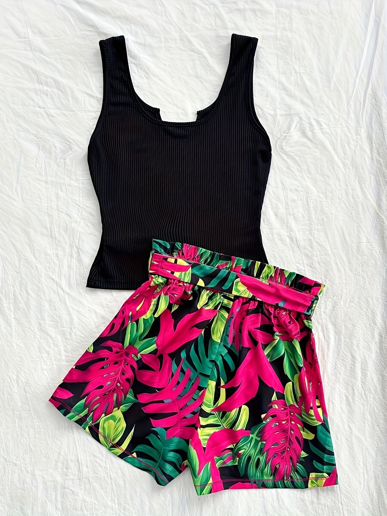 Set estivo donna due pezzi – Top canotta alla moda & pantaloncini paperbag tropicali – Perfetto per vacanze e tempo libero