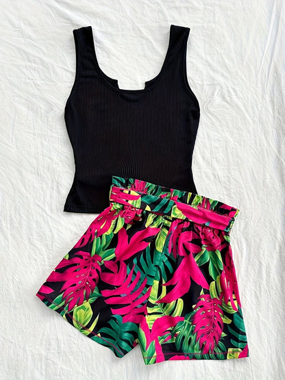Set estivo donna due pezzi – Top canotta alla moda & pantaloncini paperbag tropicali – Perfetto per vacanze e tempo libero