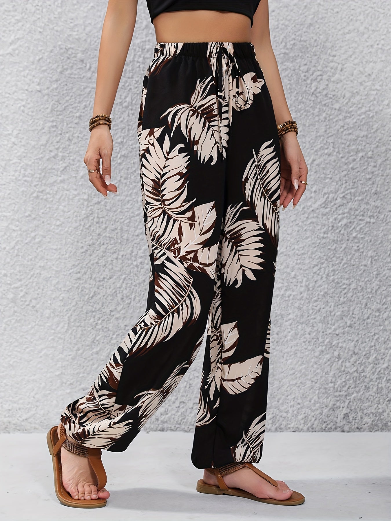 Damen Sommer-Jogginghose im tropischen Print, lockere Freizeithose für Urlaub & Alltag