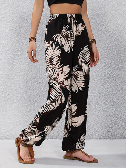 Damen Sommer-Jogginghose im tropischen Print, lockere Freizeithose für Urlaub & Alltag
