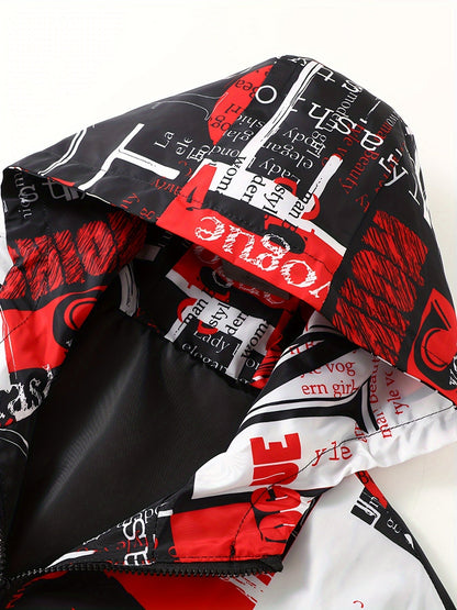 Giacca con cappuccio unisex con stampa testuale, giacca a vento casual con cerniera, rosso nero bianco