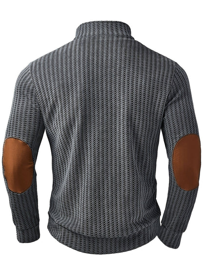 Herren Strickpullover Mock-Neck mit Knopfleiste Ellbogen-Patches Gerippt