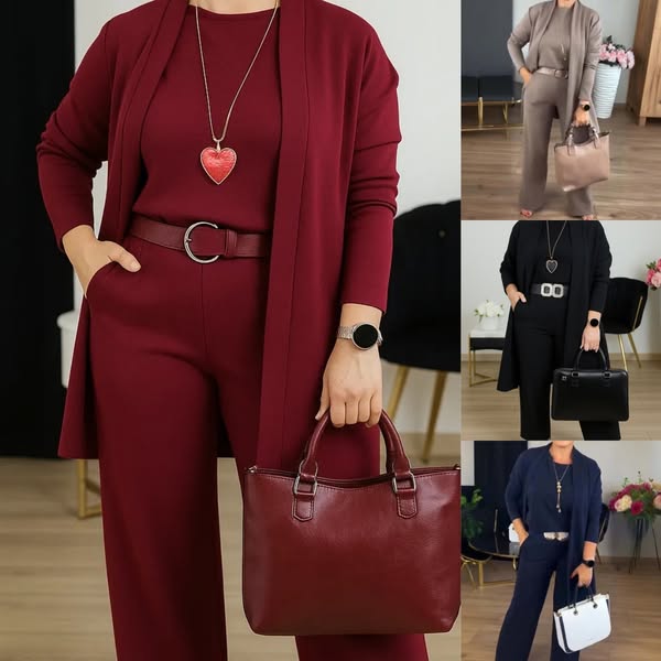 Damski trzyczęściowy zestaw z kardiganem – Elegancki garnitur casualowy i biznesowy, minimalistyczny styl
