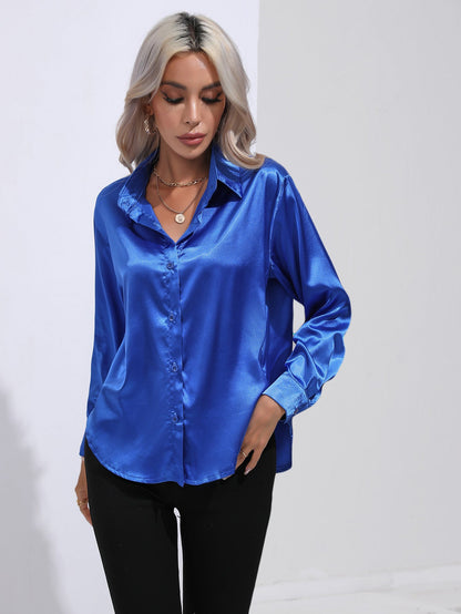 Damen Satinbluse im Cardigan-Stil – Elegante Bluse für Büro, Alltag & Feste