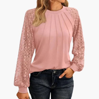 Blusa de manga larga para mujer con mangas de encaje y diseño plisado – Moda casual elegante para el día a día y oficina