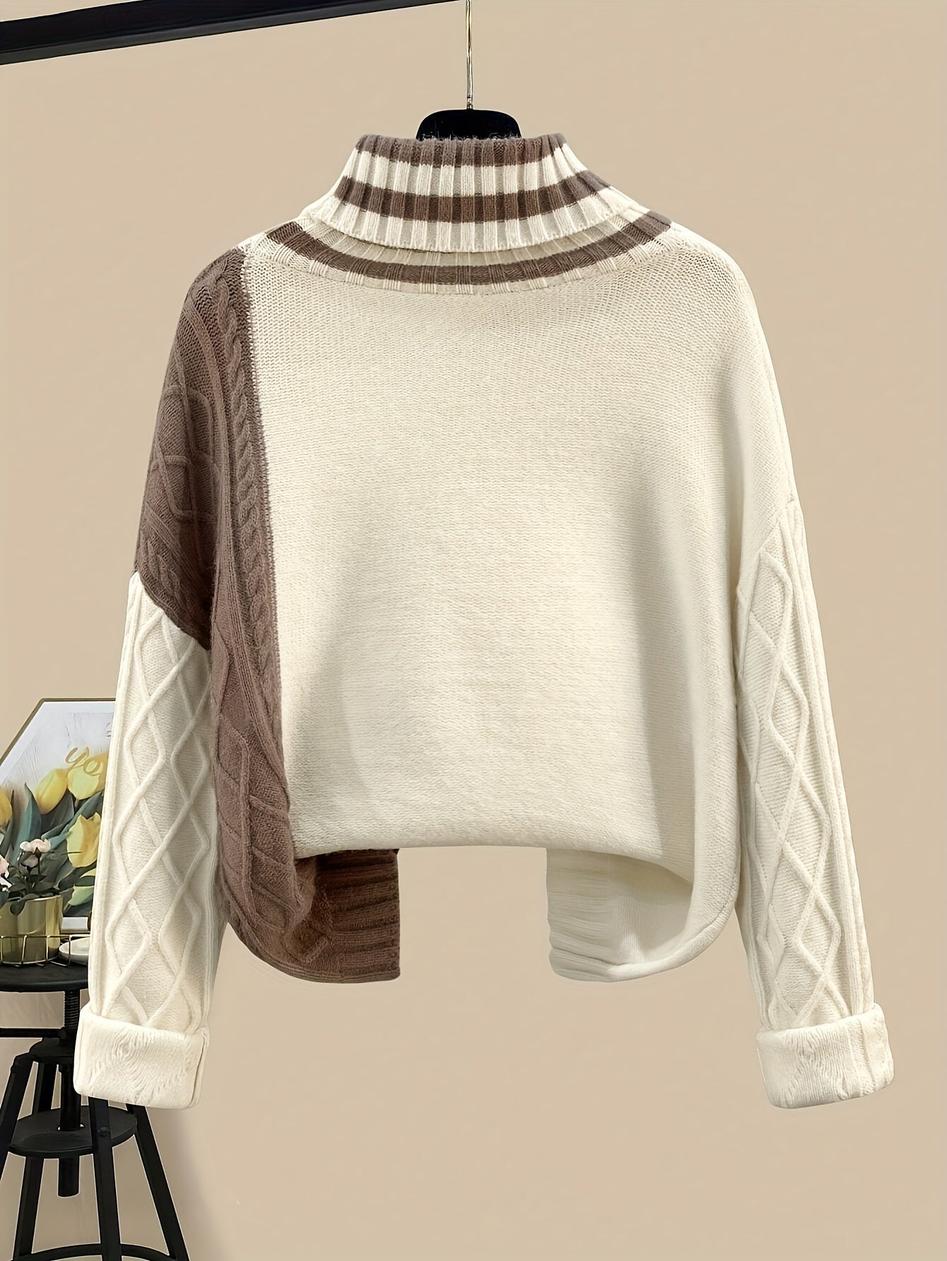 Damen Strickset Pullover und Rock mit Zopfmuster Hochgeschlossen Braun-Cremefarben
