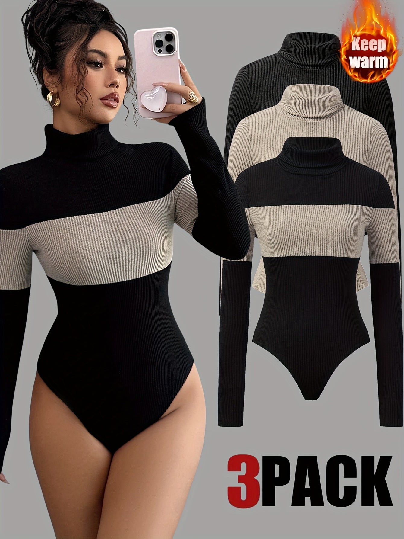 Damen Rollkragen Body Gerippt Langarm