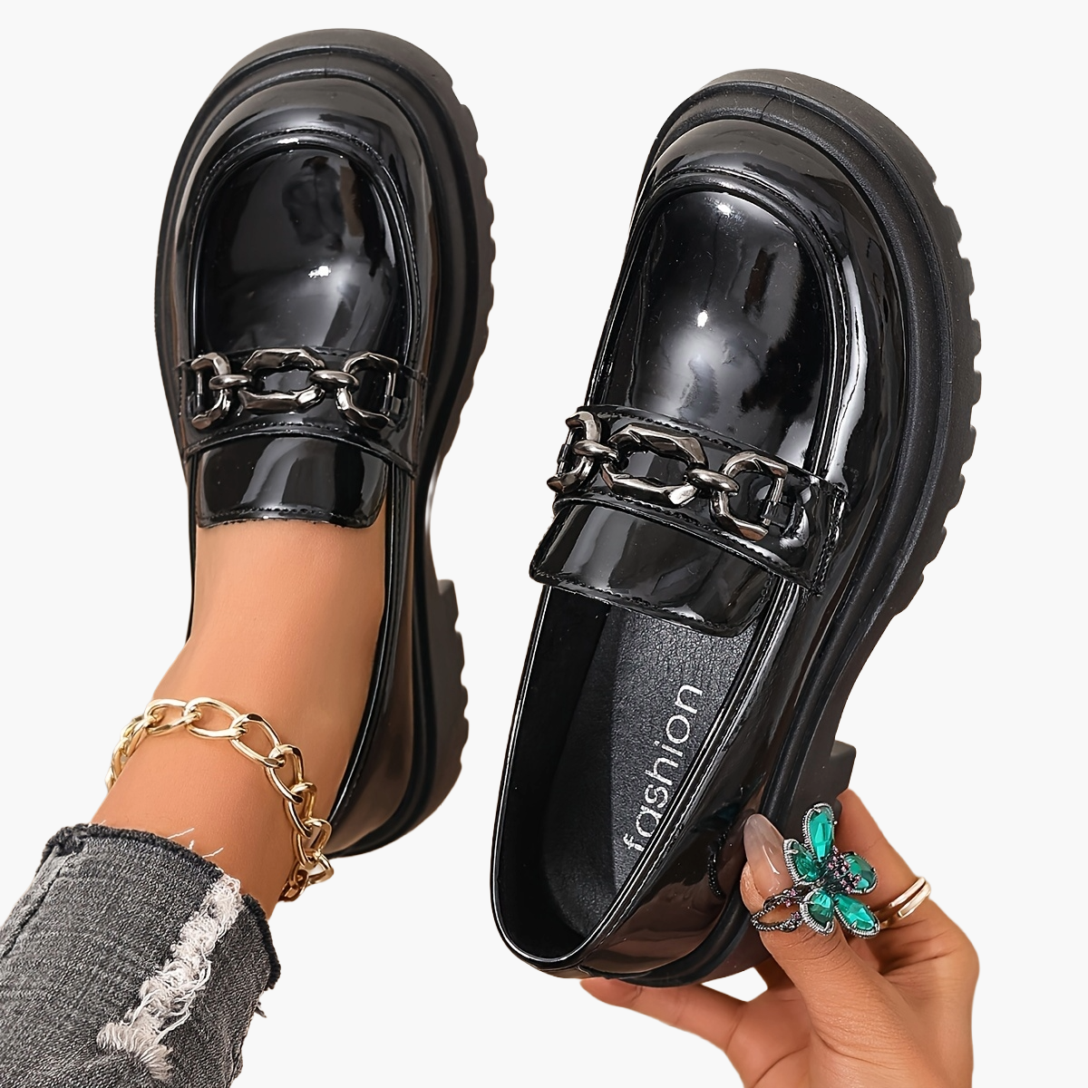 Mocassins femme avec décoration chaîne – Chaussures plates tendance style preppy pour le quotidien et le bureau