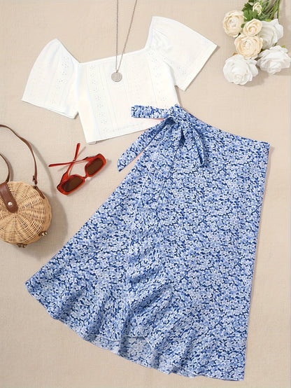 Conjunto de dos piezas para mujer – Look veraniego y coqueto con blusa y falda cruzada con estampado floral, ideal para tiempo libre y vacaciones