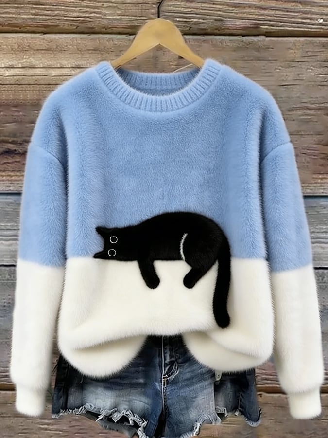 Oversized trui voor dames met colorblock-design en kattenmotief