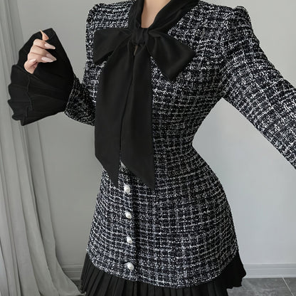 Tweed Minikleid mit Schleife und Rüschen Ärmeln Schwarz-Weiß