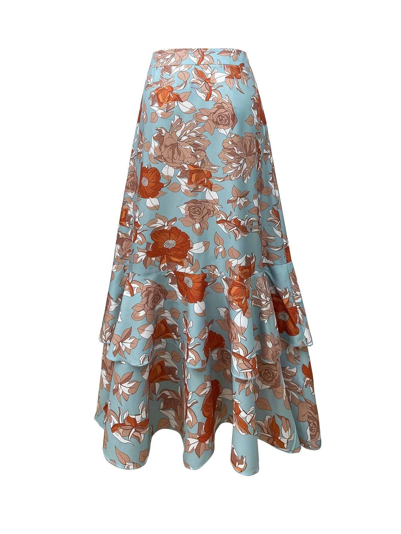 Dame maxiskjørt med blomsterprint og volanger – elegant sommerskjørt for hagefester og fritid