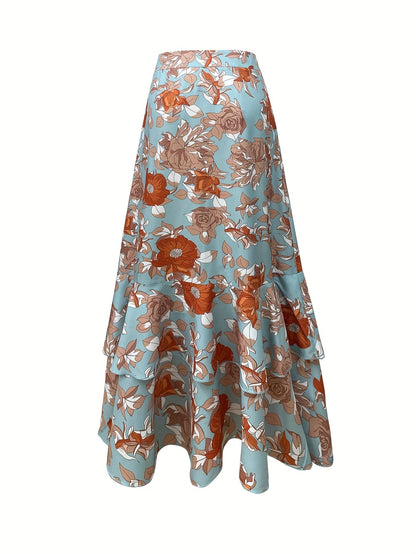Dame maxiskjørt med blomsterprint og volanger – elegant sommerskjørt for hagefester og fritid