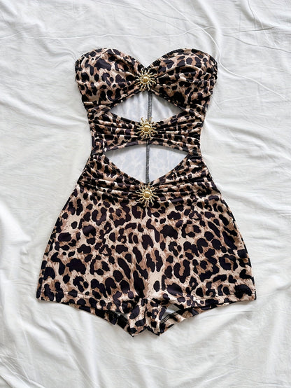 Dame badedragt retro bandeau étstykke med leopardmønster – sexet vintage stil til strand og pool