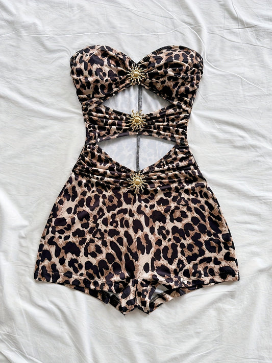 Damen Badeanzug Retro Bandeau Einteiler mit Leopardenmuster – Sexy Vintage Stil für Strand und Pool
