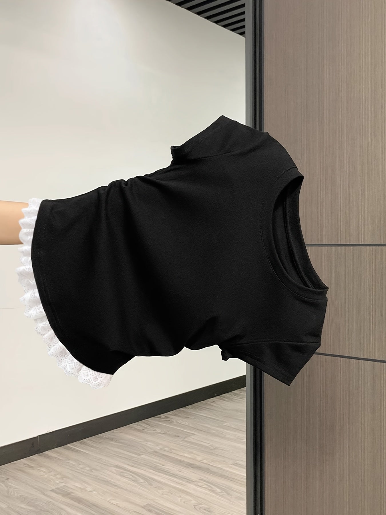 Camiseta de manga corta para mujer con fruncido y encaje – Básico de moda para el día a día y el tiempo libre
