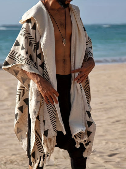 Męski boho plażowy poncho z kapturem i geometrycznym wzorem – idealny na plażę, festiwal i czas wolny