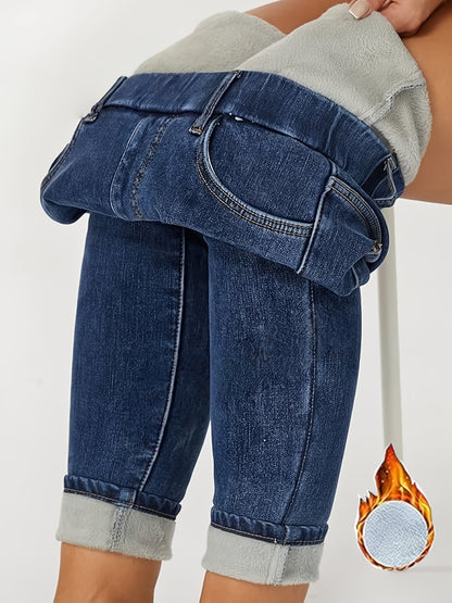 Leggings jeans da donna foderati blu con effetto pile teddy