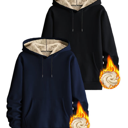 Pack de dos sudaderas con capucha forradas, en colores lisos y con bolsillo canguro – conjunto de sudaderas cálido