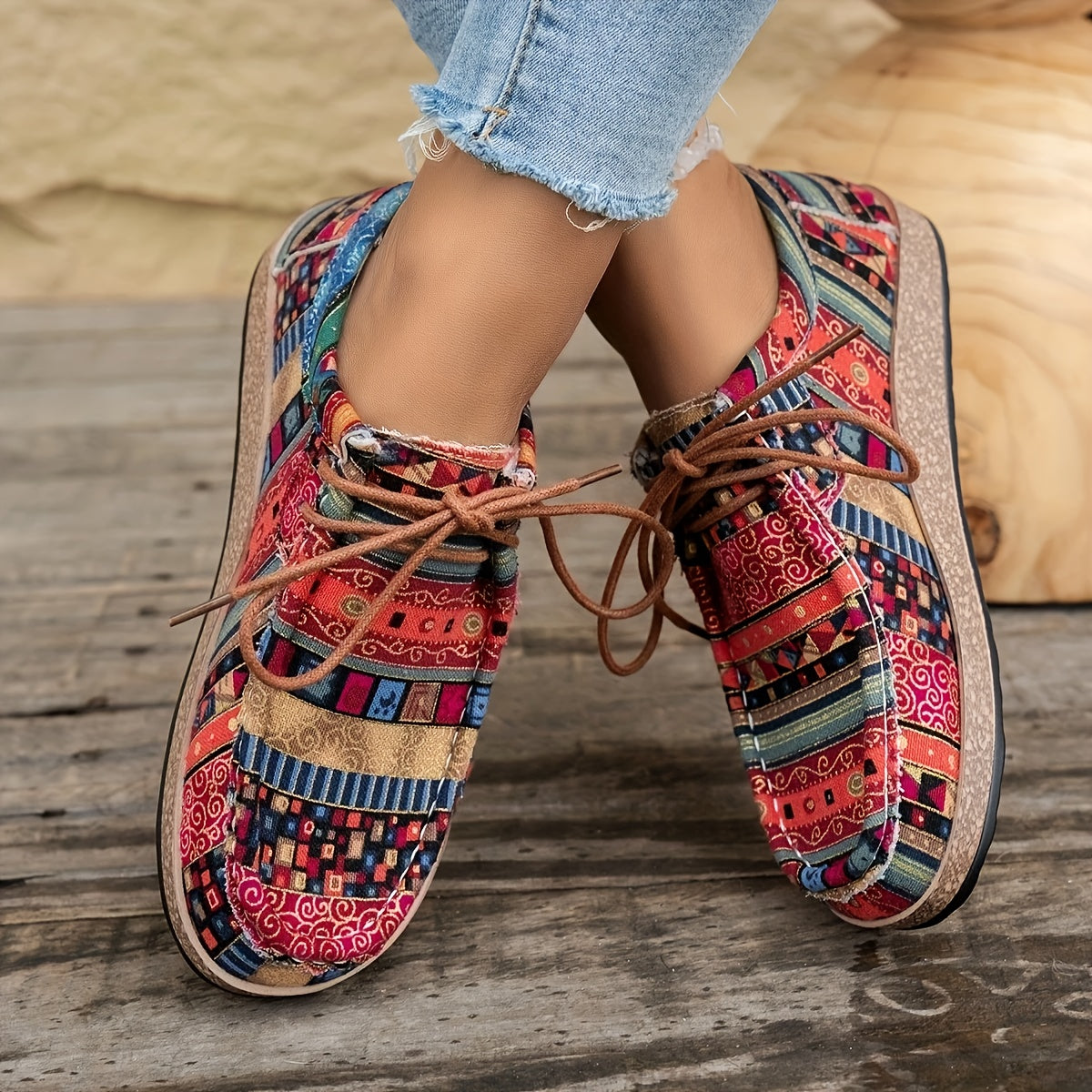 Damen Vintage Freizeitschuhe mit Boho-Muster und Schnürung – Bequeme Alltags-Slipper im Ethno-Stil
