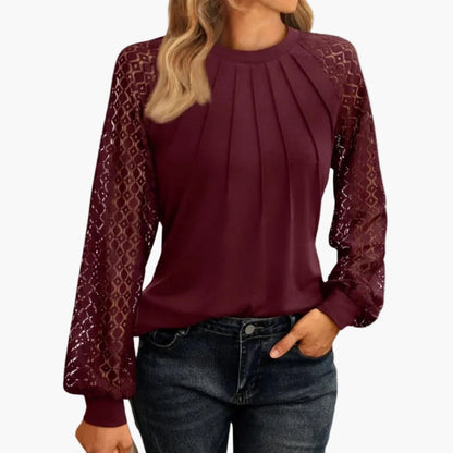 Blusa de manga larga para mujer con mangas de encaje y diseño plisado – Moda casual elegante para el día a día y oficina