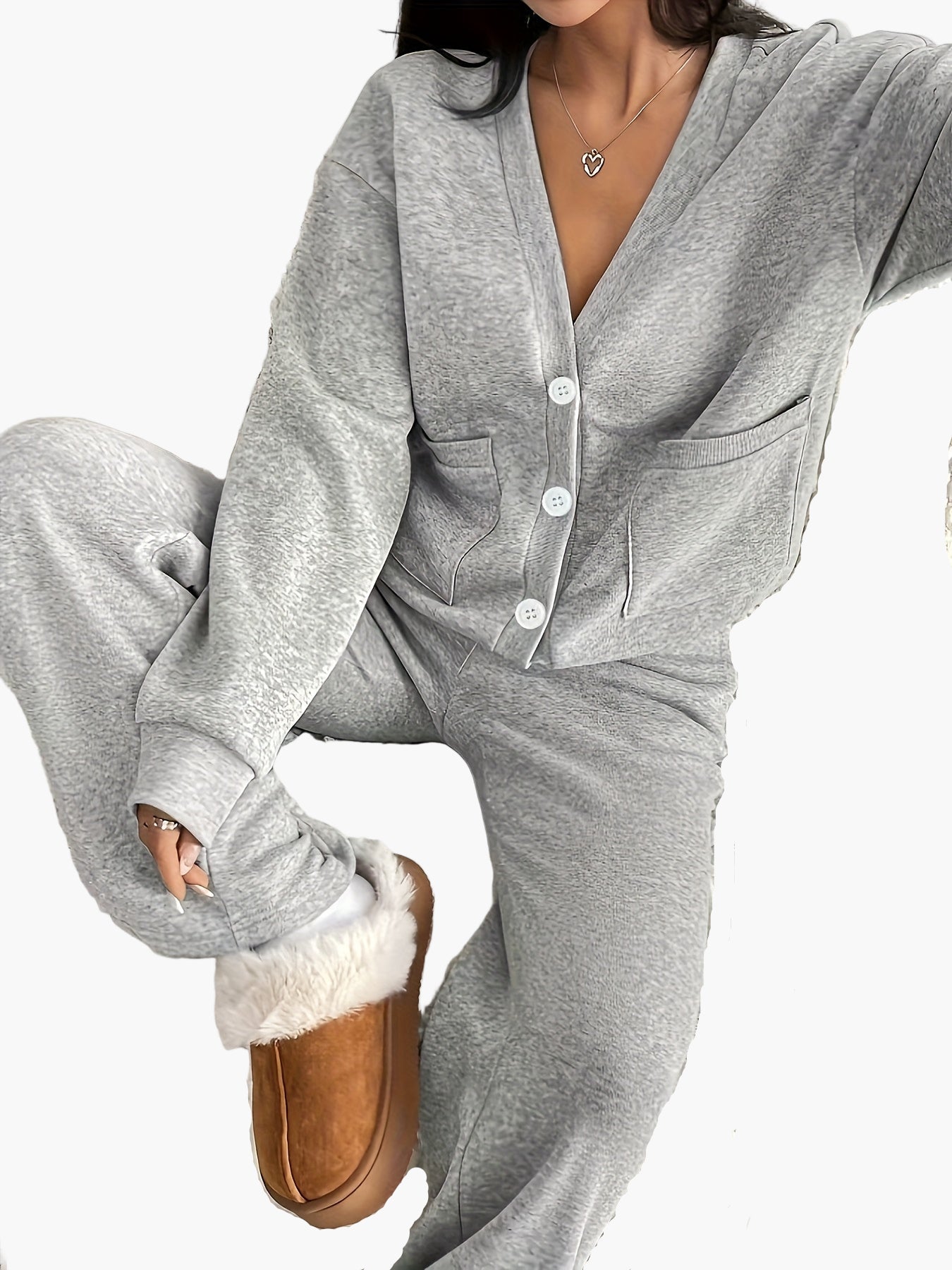 Dames loungewear set – Comfortabel vrijetijdshuispak met knoopsluiting voor thuis en dagelijks gebruik