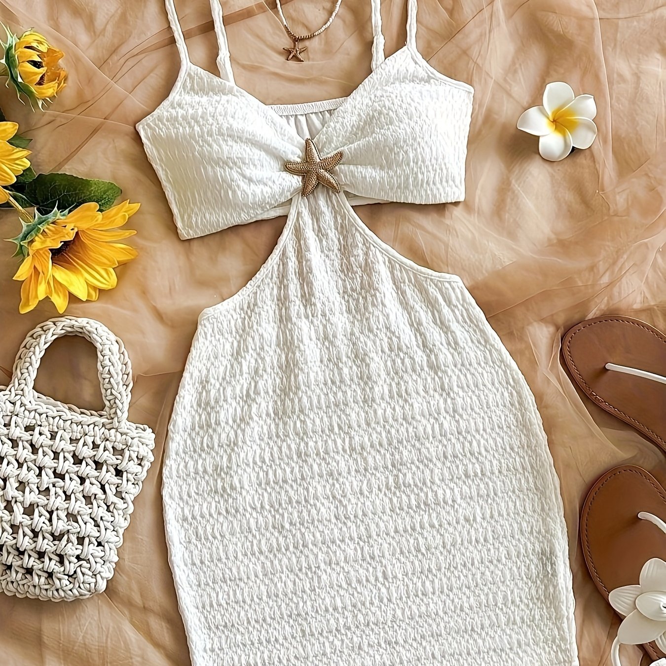 Dam Bodycon miniklänning med cut-out och sjöstjärnedetalj – sommarsemesteroutfit