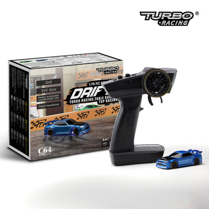 1:76 RC driftbil C64 – turbo racermodelbil til drenge fra 14 år, fjernstyret driftbil med gyro og LED-forlygter