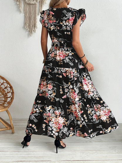 Damen Maxikleid im Boho-Stil mit Blumenmuster und Taillengürtel – Perfekt für Urlaub & Sommer