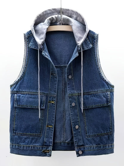 Jeansweste mit Kapuze, Ärmellos, Blau, für Damen
