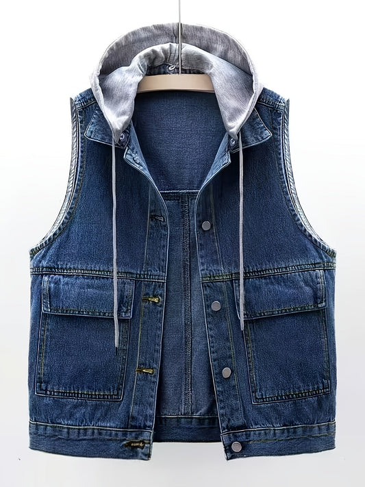 Veste en jean à capuche, sans manches, bleue, pour femme