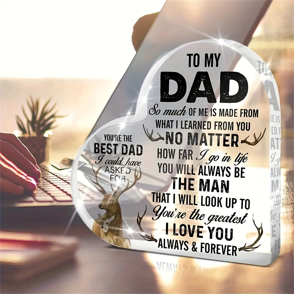 Hartvormig premium acrylbord voor mannen – decoratief cadeau voor papa met inspirerende boodschap en hertmotief, tafeldecoratie Vaderdag & verjaardag