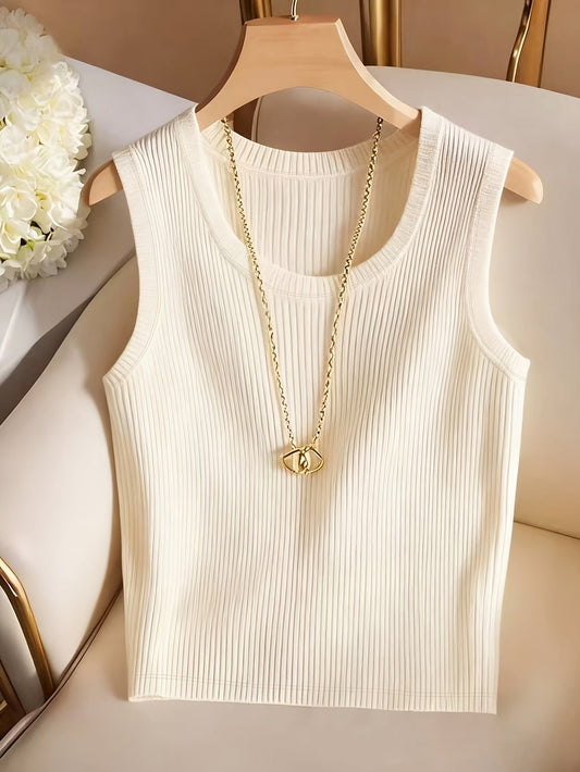Dames ribgebreide top met ronde hals – Elegante mouwloze basic voor dagelijks gebruik en kantoor