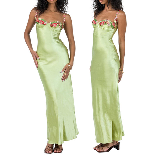 Damen Satin Maxikleid mit Blumenstickerei – Elegantes Abendkleid im Slip-Design