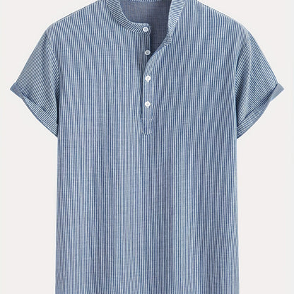 Męska nowoczesna koszulka Henley z krótkim rękawem, stójką i paskami na co dzień i na czas wolny