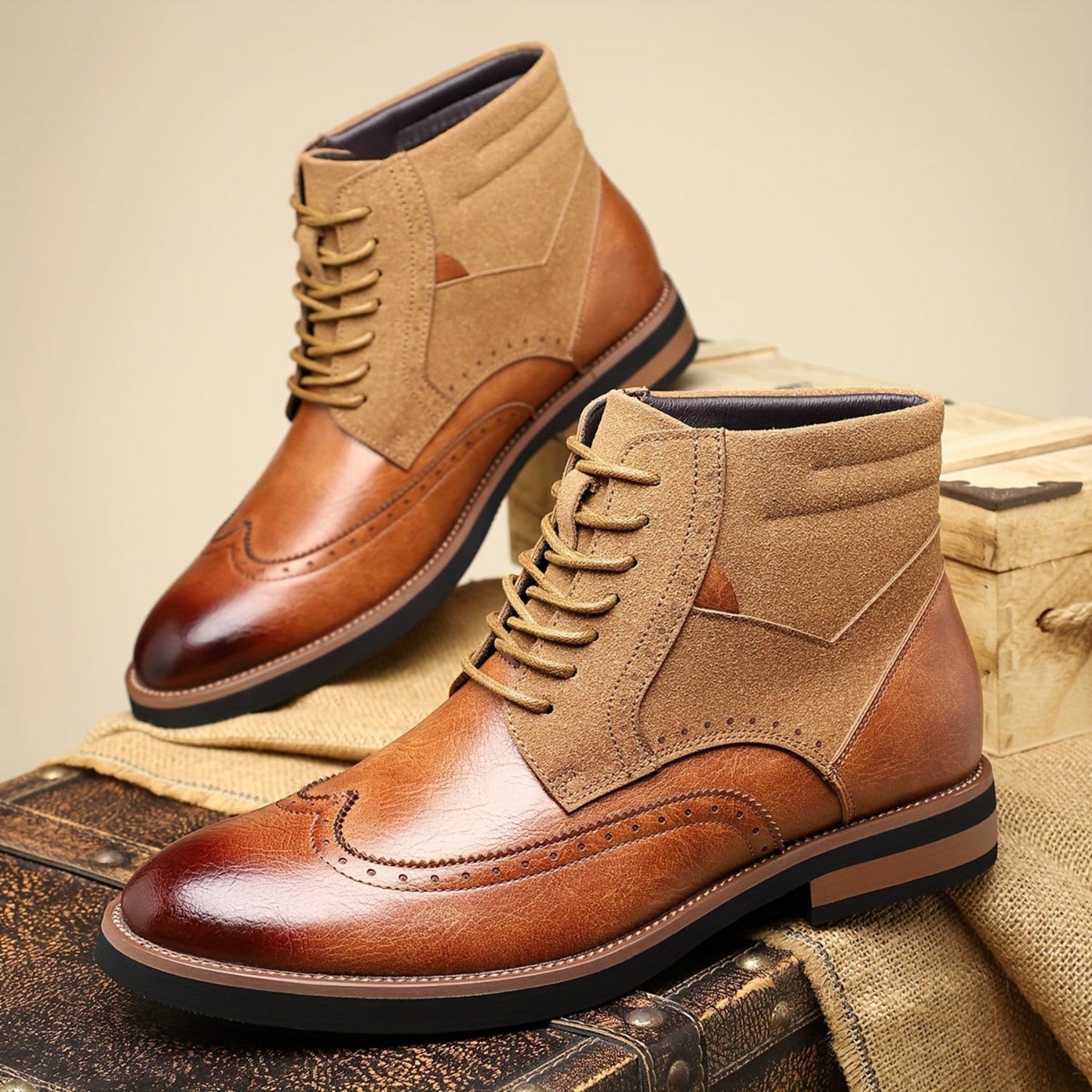 Herren Brogue Stiefel Schnürstiefeletten in Braun mit Kontrastmaterial