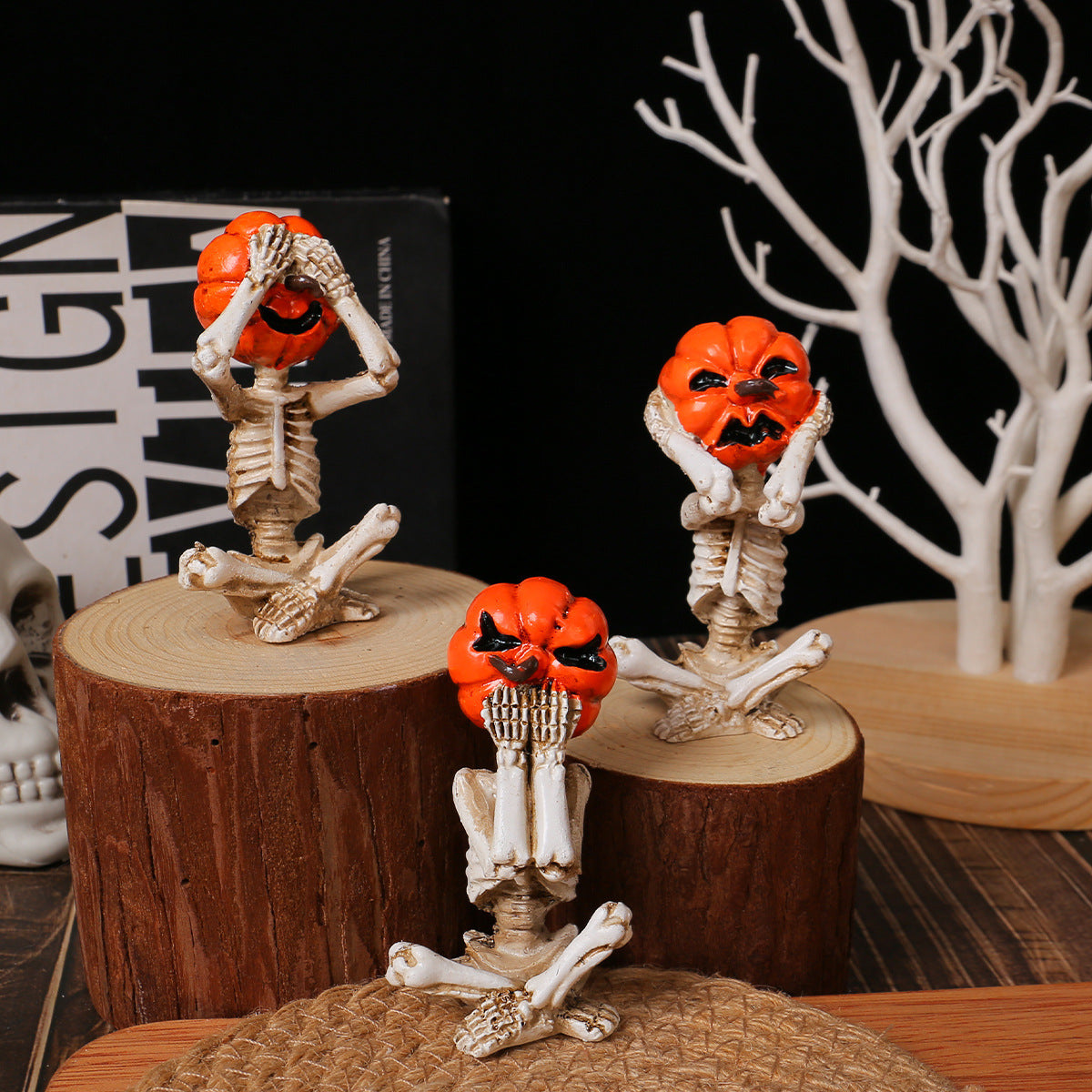Set de figurines déco Halloween citrouille squelette – 3 pièces – Décoration amusante et effrayante pour fête et maison