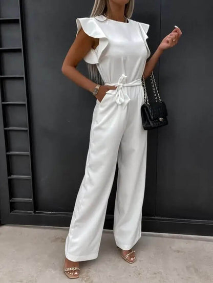 Dam jumpsuit Elegant business casual med volangärmar och knytbälte – Perfekt för kontor & speciella tillfällen