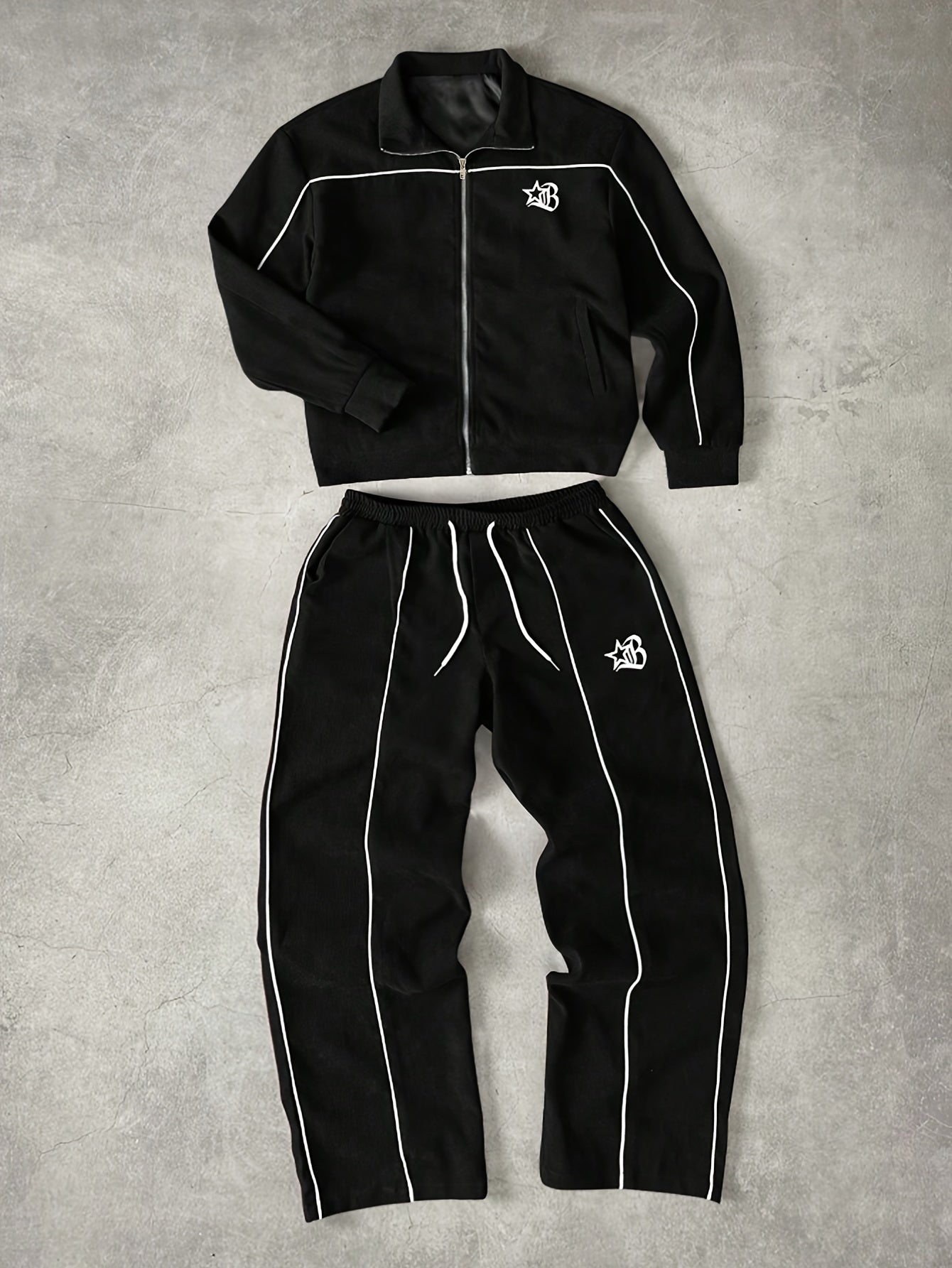 Tuta da ginnastica unisex con giacca con cerniera e pantaloni, bande a contrasto, applicazione con logo