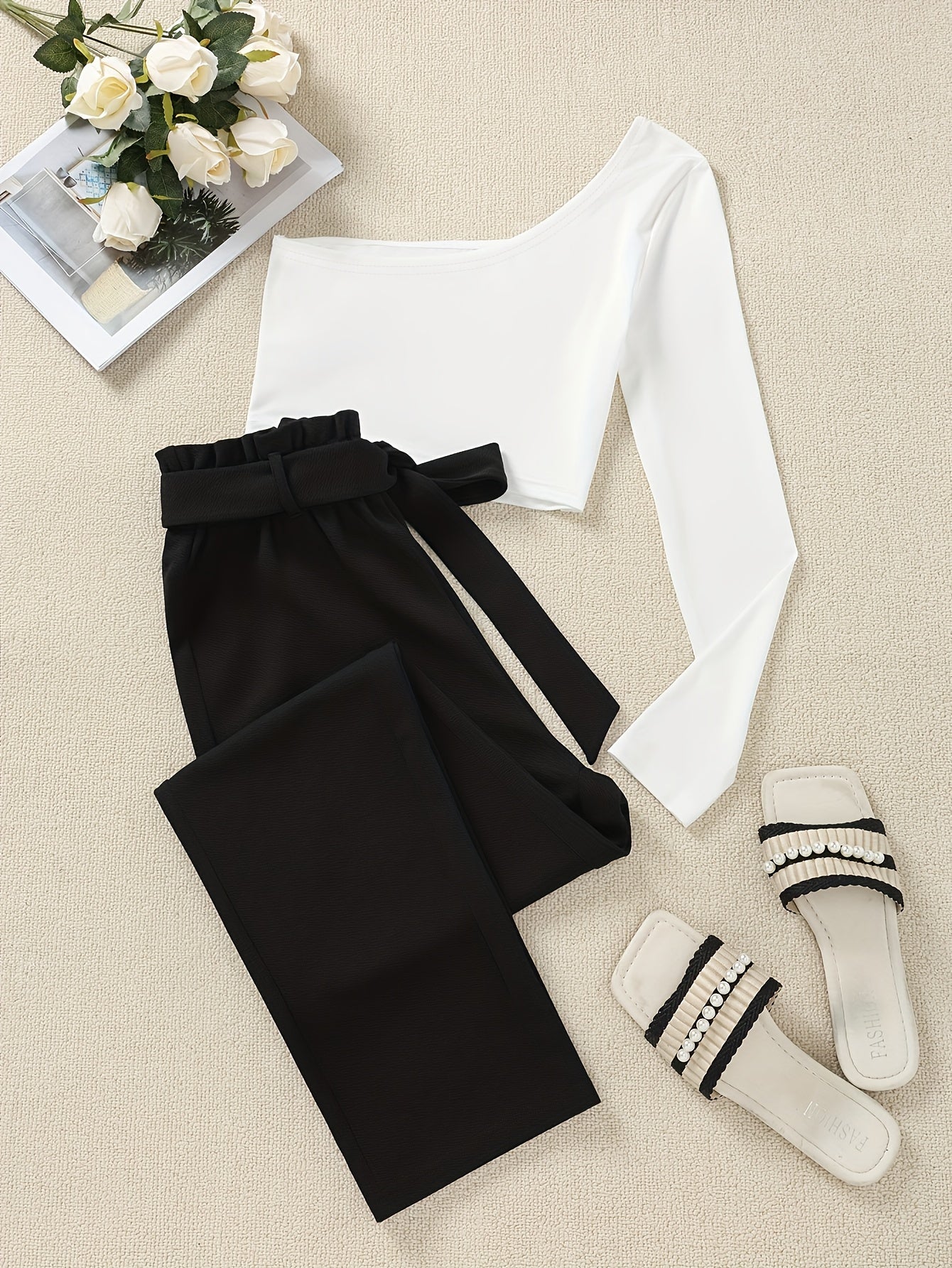 Blouse élégante femme à épaules dénudées & pantalon en tissu taille haute – Parfait pour le bureau et le quotidien