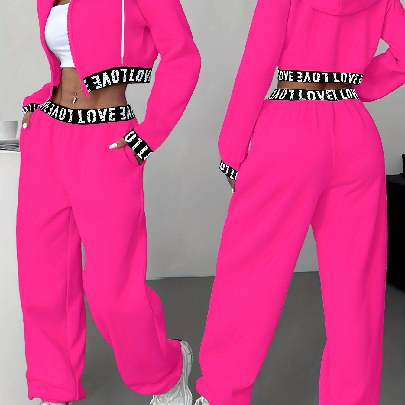 Sportieve dames-loungewear-tweedelige set met cropped hoodie en broek, band met het opschrift ‘LOVE’